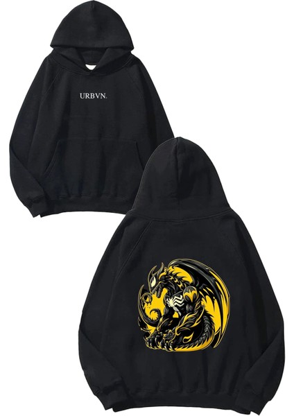 Yellow Dragon Tasarım Baskılı Oversize Siyah Kapüşonlu Sweatshirt