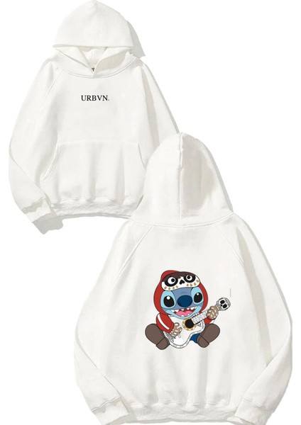 Stitch Coco Tasarım Baskılı Oversize Beyaz Kapüşonlu Sweatshirt