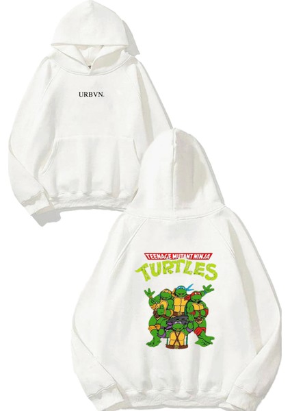 Ninja Turtles Tasarım Baskılı Oversize Beyaz Kapüşonlu Sweatshirt