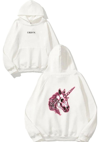 Unicorn 1 Tasarım Baskılı Oversize Beyaz Kapüşonlu Sweatshirt