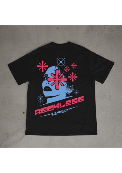 Reckless Tasarım Baskılı Siyah Oversize T-Shirt