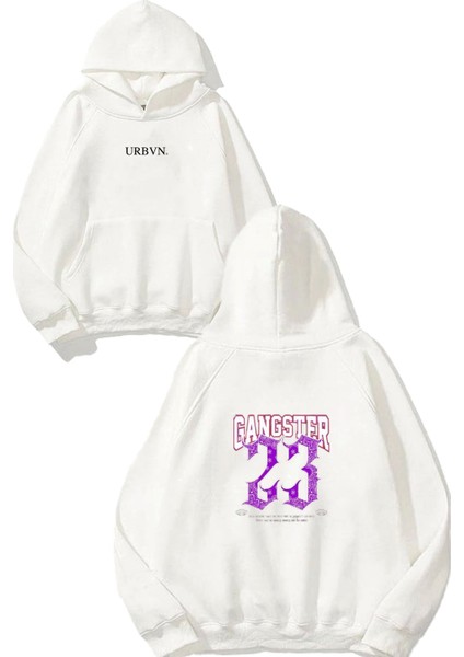 Gangster Tasarım Baskılı Oversize Beyaz Kapüşonlu Sweatshirt