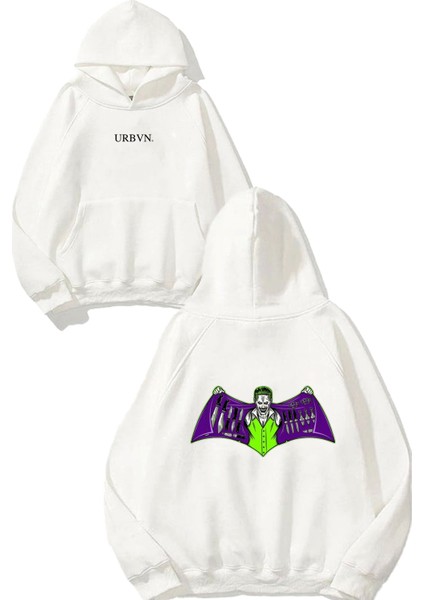 Joker Batman Tasarım Baskılı Oversize Beyaz Kapüşonlu Sweatshirt