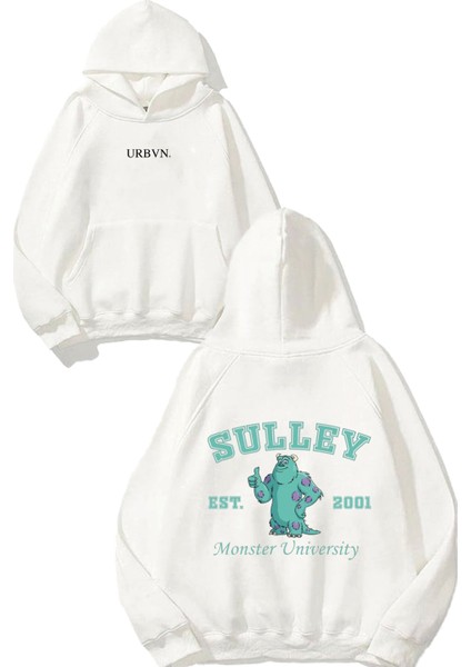 Sulley Tasarım Baskılı Oversize Beyaz Kapüşonlu Sweatshirt