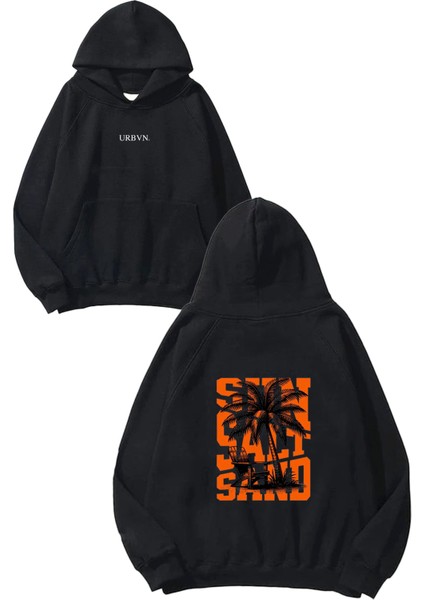 Sun 1 Tasarım Baskılı Oversize Siyah Kapüşonlu Sweatshirt