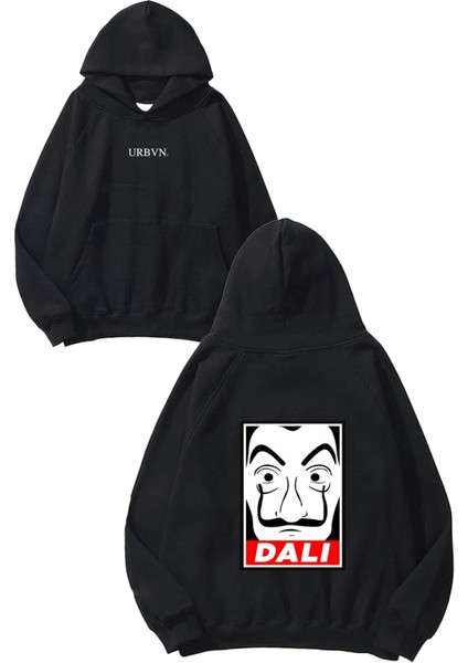 Dali Tasarım Baskılı Oversize Siyah Kapüşonlu Sweatshirt