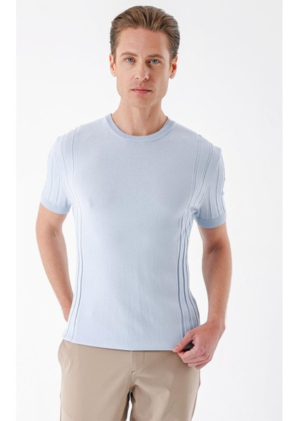 Slim Fit Bisiklet Yaka Kısa Kol Mavi Triko Tr 869