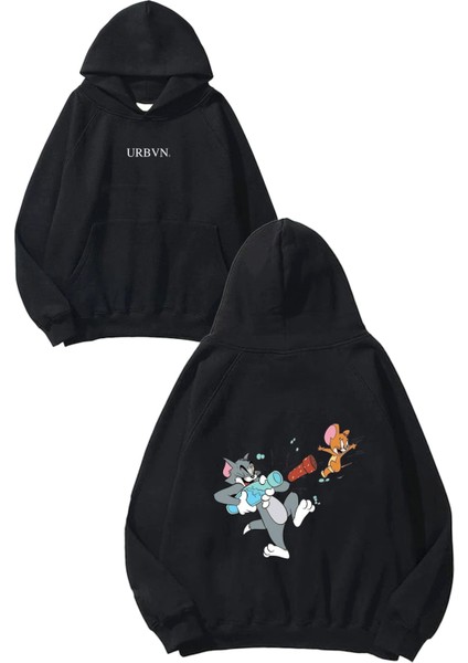 Tom Jerry Play Tasarım Baskılı Oversize Siyah Kapüşonlu Sweatshirt