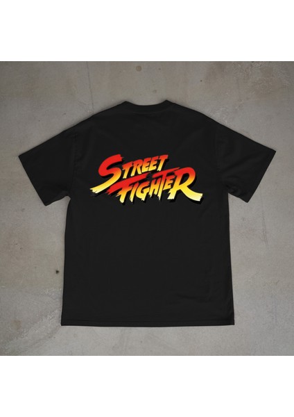 Street Fighter Tasarım Baskılı Siyah Oversize T-Shirt