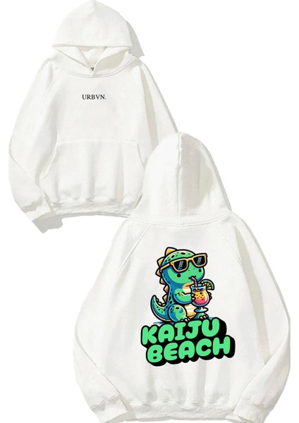 Kaiju Beach Tasarım Baskılı Oversize Beyaz Kapüşonlu Sweatshirt
