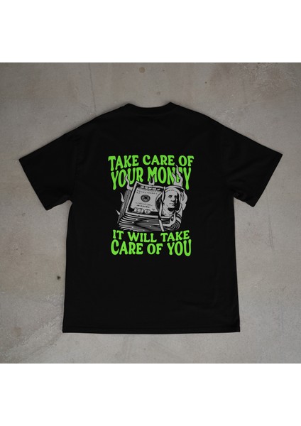 Dolar Tasarım Baskılı Siyah Oversize T-Shirt
