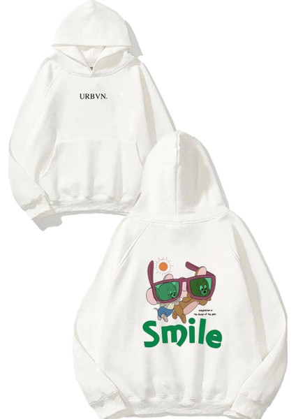 Smile Jerry Tasarım Baskılı Oversize Beyaz Kapüşonlu Sweatshirt