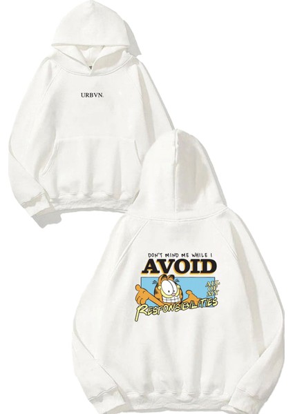 Avoid Tasarım Baskılı Oversize Beyaz Kapüşonlu Sweatshirt