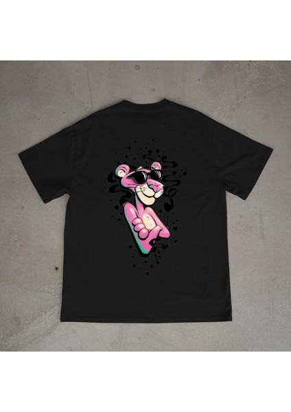 Pink Panther Tasarım Baskılı Siyah Oversize T-Shirt