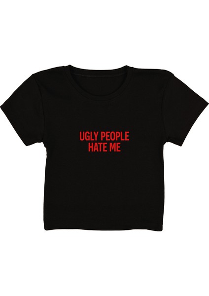 Hate Me Baskılı Siyah Crop Top