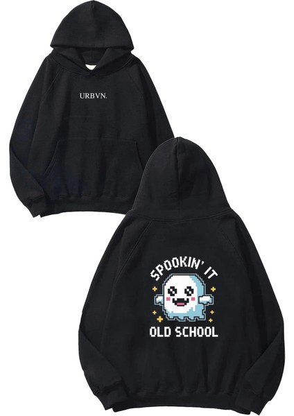Old School Ghost Tasarım Baskılı Oversize Siyah Kapüşonlu Sweatshirt