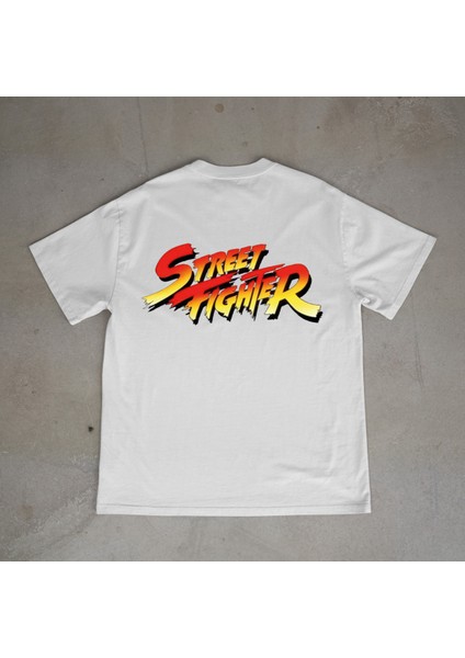Street Fighter Tasarım Baskılı Beyaz Oversize T-Shirt