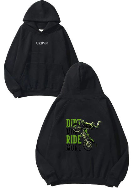 Ride More Tasarım Baskılı Oversize Siyah Kapüşonlu Sweatshirt
