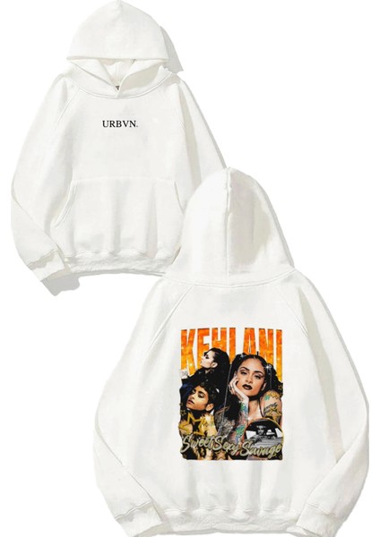 Kehlani Tasarım Baskılı Oversize Beyaz Kapüşonlu Sweatshirt