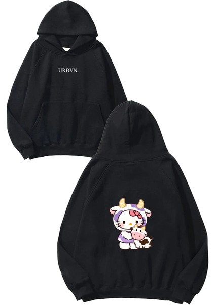 Hellokitty Cow Tasarım Baskılı Oversize Siyah Kapüşonlu Sweatshirt