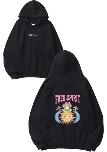 Free Spirit Tasarım Baskılı Oversize Siyah Kapüşonlu Sweatshirt