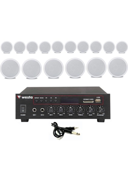 14’lü Beyaz Tavan Hoparlörlü 100V Anfi Ses Sistemi | Kafe Mağaza Ofis Müzik Seti