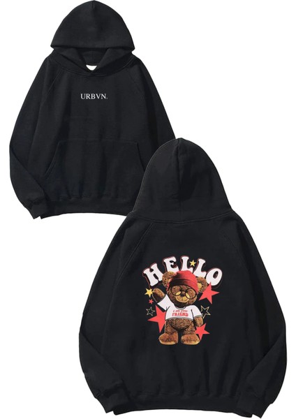Hello Tasarım Baskılı Oversize Siyah Kapüşonlu Sweatshirt