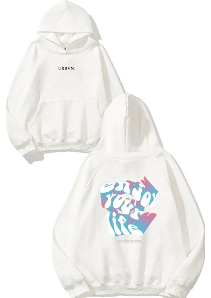 Enjoy Tasarım Baskılı Oversize Beyaz Kapüşonlu Sweatshirt