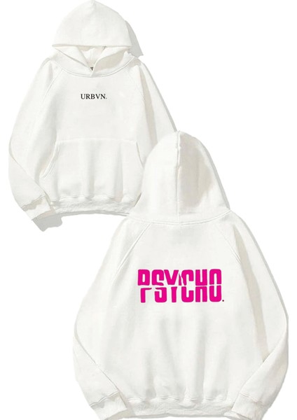 Psycho Tasarım Baskılı Oversize Beyaz Kapüşonlu Sweatshirt