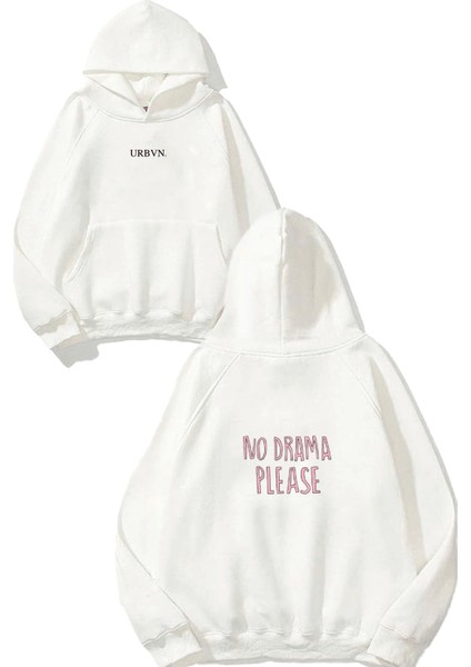 No Drama Tasarım Baskılı Oversize Beyaz Kapüşonlu Sweatshirt