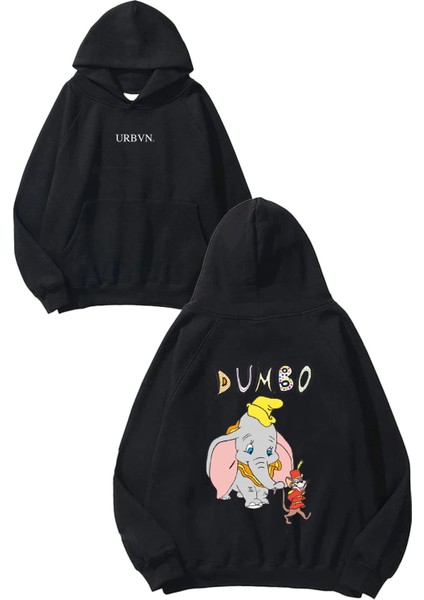Dumbo Tasarım Baskılı Oversize Siyah Kapüşonlu Sweatshirt