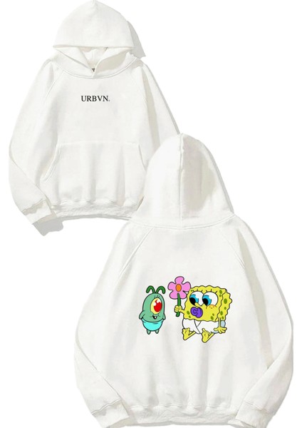 Plankton Süngerbob Tasarım Baskılı Oversize Beyaz Kapüşonlu Sweatshirt
