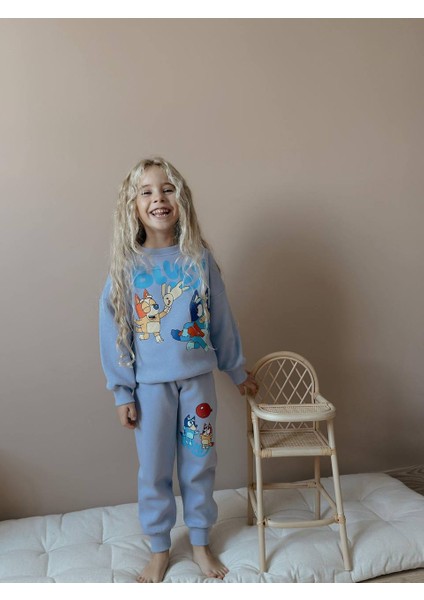 Bluey Dijital Baskılı Şardonlu 3 Iplik Sweatshirt-Eşofman Altı Kışlık Kız Çocuk Takım
