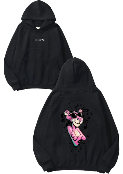 Pembe Panter Tasarım Baskılı Oversize Siyah Kapüşonlu Sweatshirt