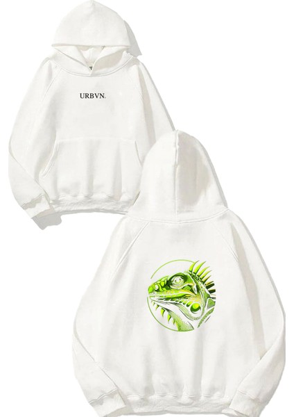 Bukalemun Tasarım Baskılı Oversize Beyaz Kapüşonlu Sweatshirt