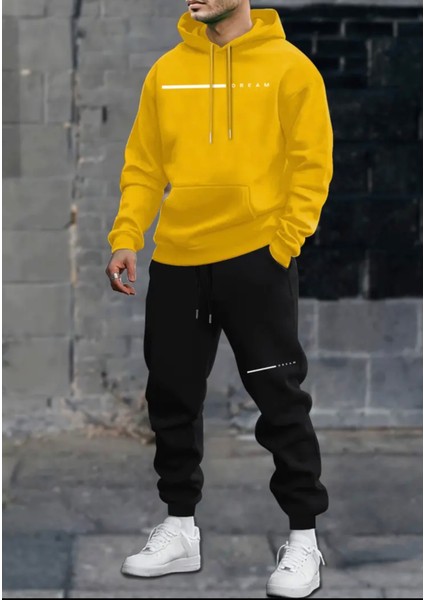 Büyük Beden Özel Tasarım Kapüşonlu Dream Tek Çizgi Baskılı %100 Pamuk Kışlık Modern Erkek Eşofman Takımı