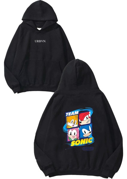 Team Sonic Tasarım Baskılı Oversize Siyah Kapüşonlu Sweatshirt