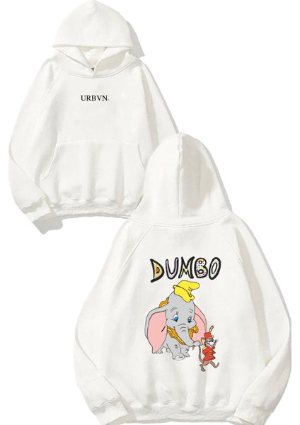 Dumbo Tasarım Baskılı Oversize Beyaz Kapüşonlu Sweatshirt