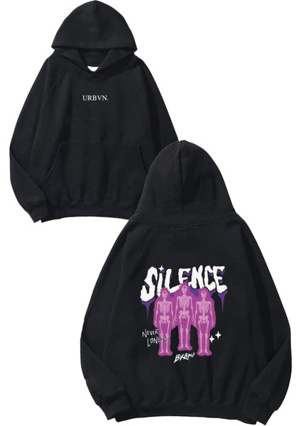Silence Skull Tasarım Baskılı Oversize Siyah Kapüşonlu Sweatshirt