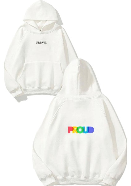 Proud Tasarım Baskılı Oversize Beyaz Kapüşonlu Sweatshirt