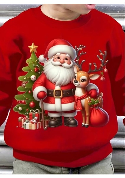 Punıx Kıds Özel Tasarım Noel Baba Yeni Yıl Yılbaşı Temalı Baskılı Kışlık Kalın 3 Iplikerkek Çocuk Sweatshırt