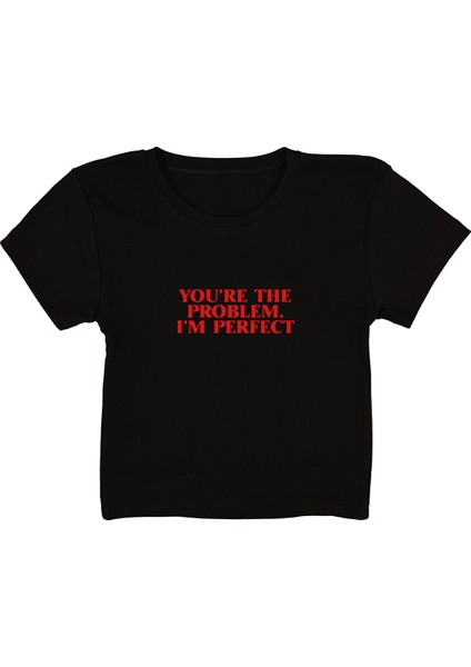 Perfect Baskılı Siyah Crop Top