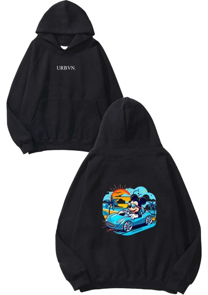 Mickey Car Tasarım Baskılı Oversize Siyah Kapüşonlu Sweatshirt