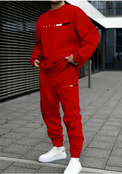 Büyük Beden Özel Tasarım Paris Şerit Baskılı Yuvarlak Yaka %100 Pamuk Kışlık Trend Erkek Eşofman Takımı