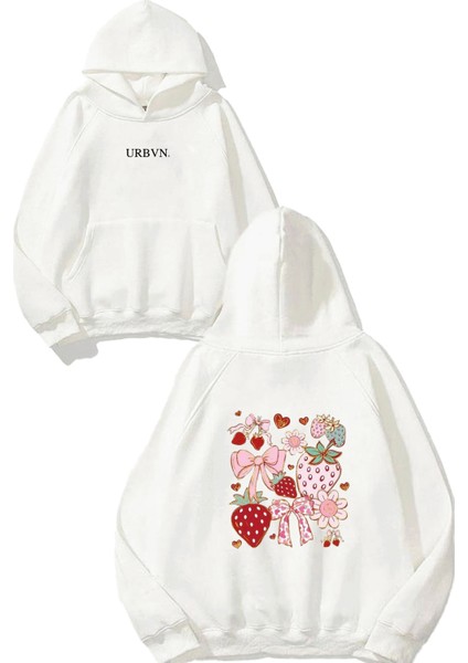 Coquette Tasarım Baskılı Oversize Beyaz Kapüşonlu Sweatshirt