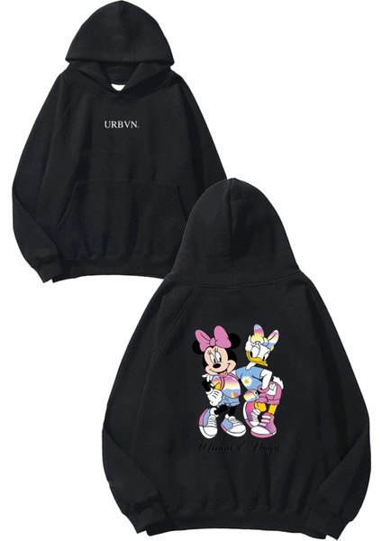 Minnie Daisy Tasarım Baskılı Oversize Siyah Kapüşonlu Sweatshirt