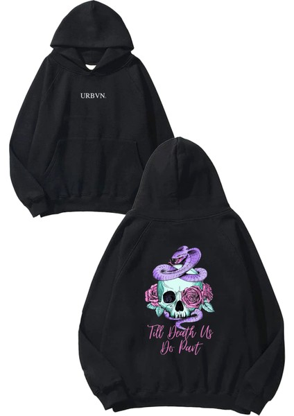 Till Death Tasarım Baskılı Oversize Siyah Kapüşonlu Sweatshirt