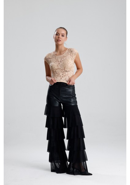 Dantel Transparan Kısa Kollu Bluz | BUST35379 Somon modelleri