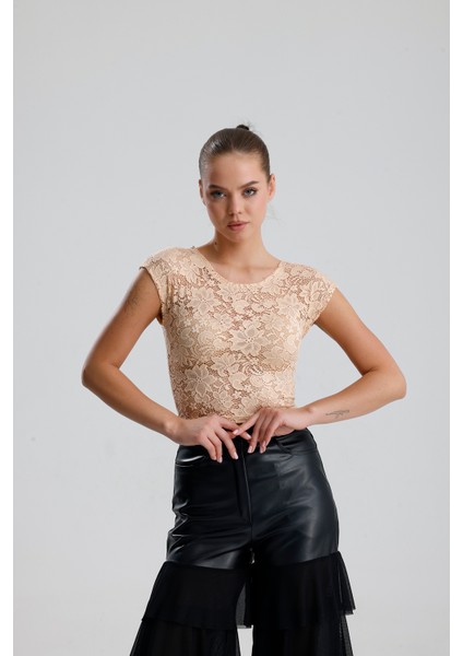 Dantel Transparan Kısa Kollu Bluz | BUST35379 Somon fırsatları