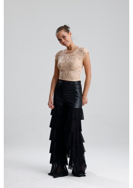 Dantel Transparan Kısa Kollu Bluz | BUST35379 Somon